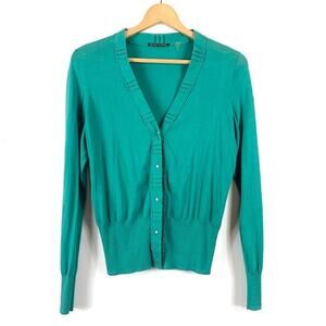 Elie Tahari Turquoise Snap Front Cotton Cardigan Sweater  - Large